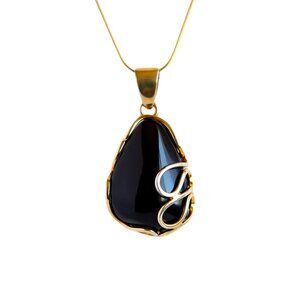 Baltic Black Amber Pendant Necklace in 14k Gold Plated s925